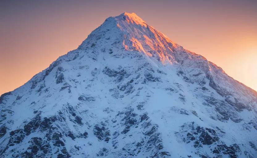 Image similar to professional photo of a snow topped mountain lit by the sunset