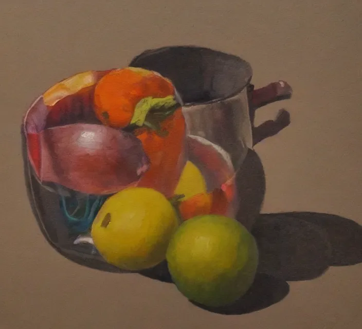 Image similar to a beautiful still life painting by a second-year art student; extraordinary masterpiece!!!!!