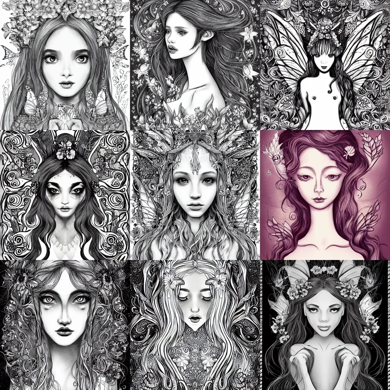 Prompt: magical illustration of ethereal fantasy creature, beautiful fairie, mermaid, female portrait with flowers, whimsical big - eyed character accompanied by animals and birds, light greyscale, line art, symmetrical