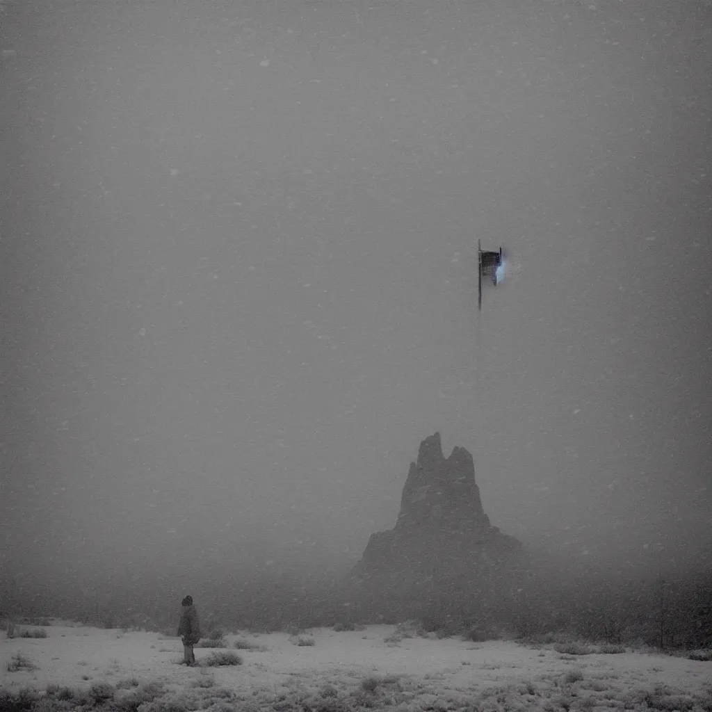 Image similar to photo of shiprock, new mexico during a snowstorm. a old man in a trench coat and a cane appears as a hazy silhouette in the distance, looking back over his shoulder. cold color temperature. blue hour morning light, snow storm. hazy atmosphere. humidity haze. kodak ektachrome, greenish expired film, award winning, low contrast,