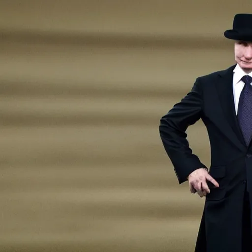 Image similar to putin wearing a long black leather hat, cinematic style, front view, cool looking