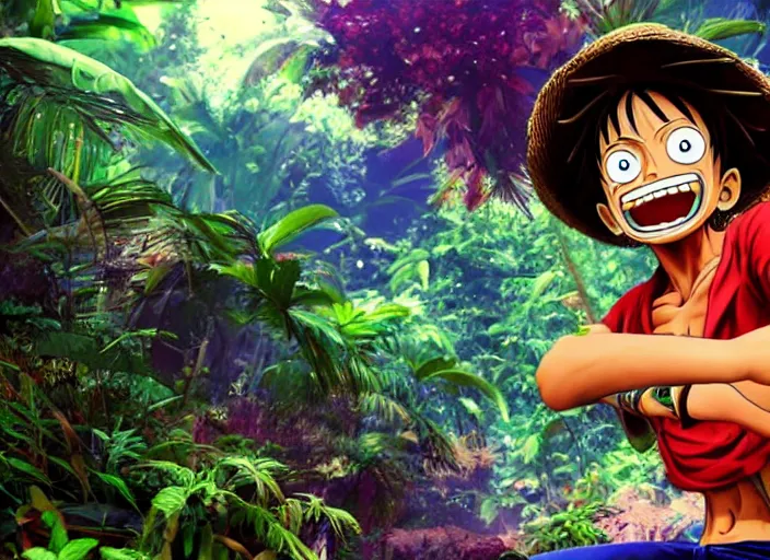 Image similar to a cg render of a colorful luffy in a noir galactic jungle, 8 k, unreal engine, detailed, hyperrealistic, octane