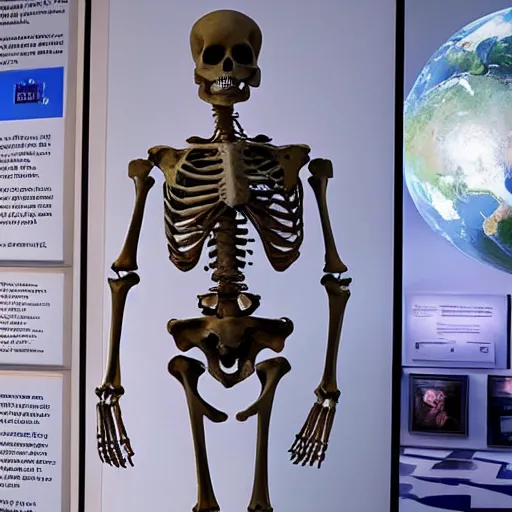 Image similar to A human skeleton in a museum with a picture of planet Earth next to it, science fiction