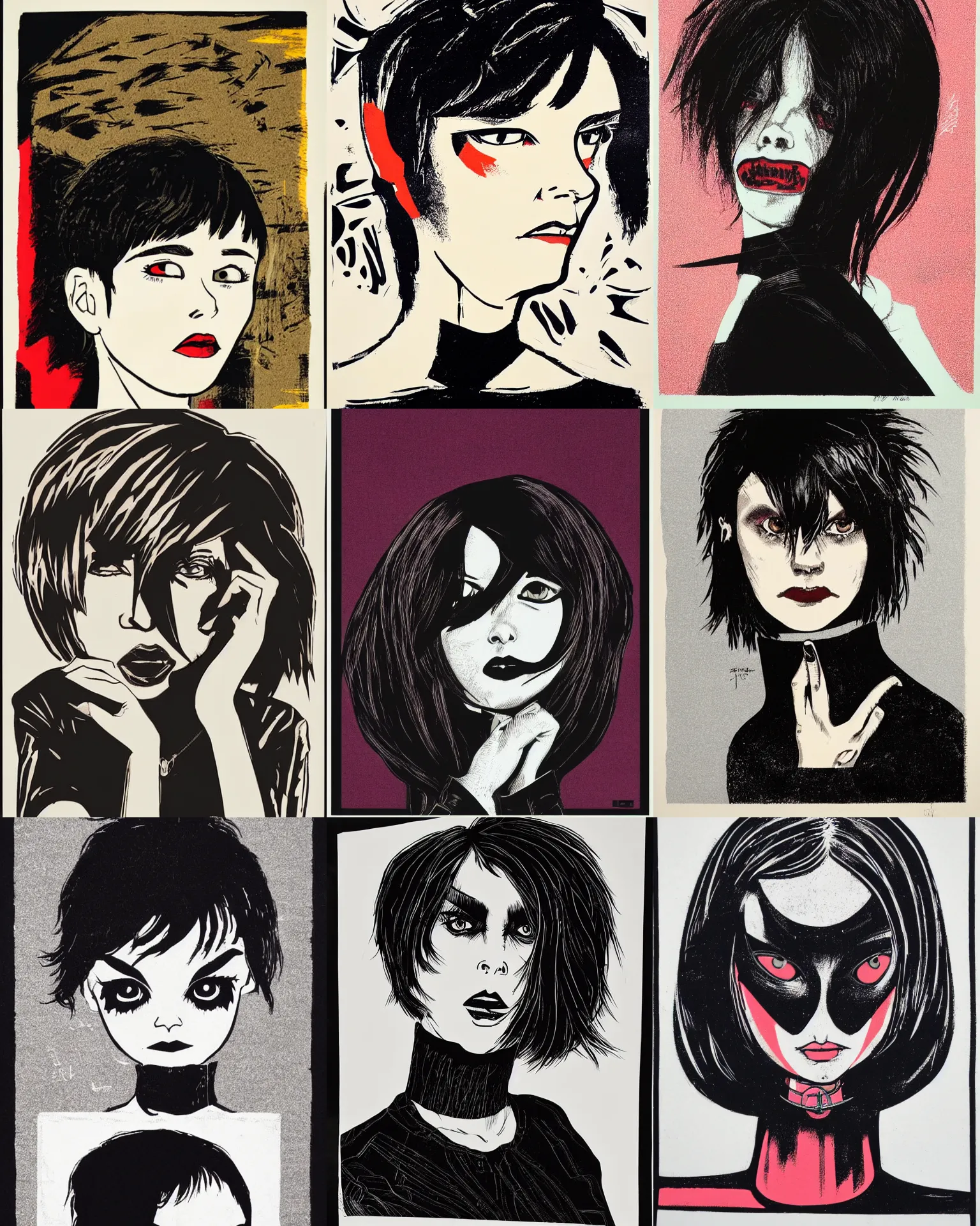 Prompt: A silkscreen print serigraph. Her hair is dark brown and cut into a short, messy pixie cut. She has a slightly rounded face, with a pointed chin, large evil eyes with entirely-black sclerae!!!!!!, and a small nose. She is wearing a black leather jacket, a black knee-length skirt, a black choker, and black leather boots.