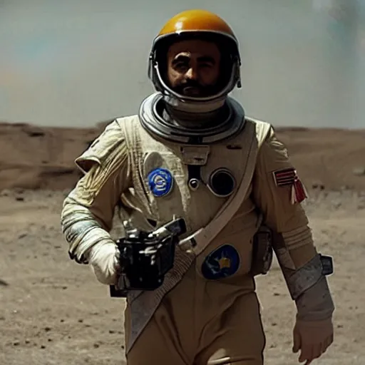 Image similar to kurdish astronaut in a movie directed by christopher nolan, movie still frame, promotional image, imax 7 0 mm footage