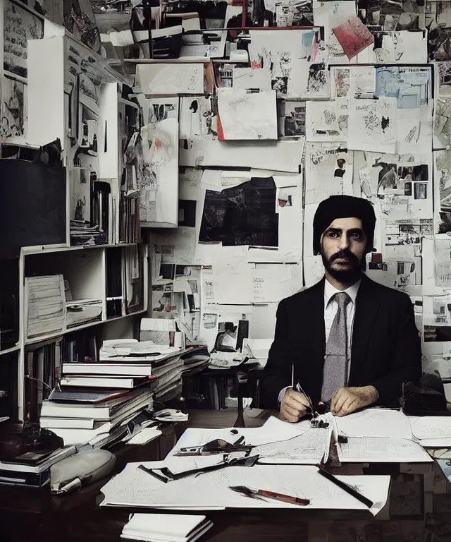 Image similar to a color photograph of morteza jafari in his office, by thomas ruff, intense, bold, hyperrealistic, ultra sharp, extra details, ultra high quality, trending on pinteresst