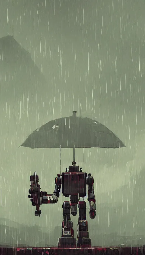 Prompt: a giant broken robot in rain, tired, island, rustic, dormant, nearby, sharp focus, james gilleard, cinematic, game art, extremely detailed digital painting, print