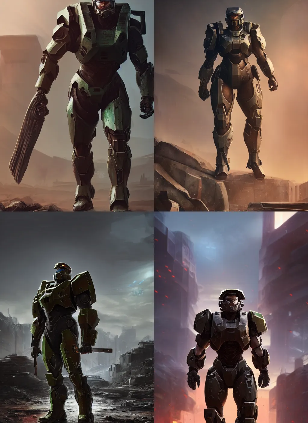 Prompt: a beefy warrior walking in a cyberpunk wasteland facing the camera, mjolnir armor from halo infinite, no helmet!!!!, female face, 8K, octane render, Digital painting, concept art, illustration, sharp focus, centered, good value control, realistic shading, rational painting, rubber undersuit