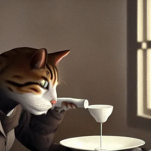 Prompt: cute cat drinks milk from a porcelain plate, in game pathologic 2, digital art, unreal engine, cinematic composition, sharp, details, hyper - detailed, hd