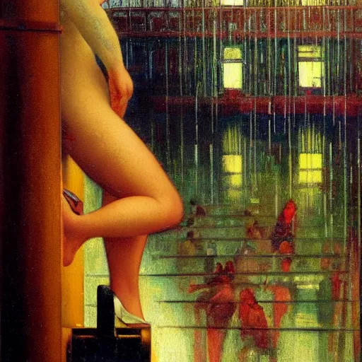 Image similar to 1 9 3 0 s detailed oil painting of a woman, cyberdeco cloisters, electronic billboards, tech noir, wet reflections, atmospheric, ambient, livia prima, george tooker, greg rutkowski, wlop, gil elvgren, grant wood, alexis flower, hopper, mucha, whistler, norman rockwell, peter max,