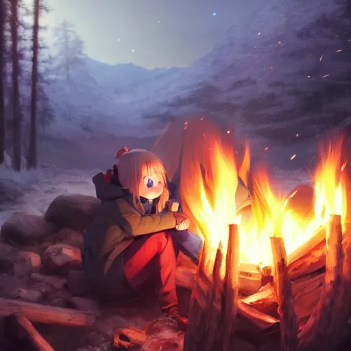 Image similar to yuru camp anime campfire hyperdetailed blue eyes, trending on artstation, cinematic lighting, highly realistically detailed, trending on pixiv , Unreal Engine 4k, detailed faces, manga cover, official anime key visual by greg rutkowski