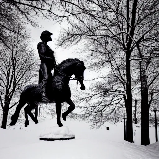 Image similar to A photo looking up at a black statue of a soldier riding a horse, lightly topped with snow, the statue is on a pedestal, the ground is full of snow, the background has numerous wintry trees, the sky is blue with sun poking through the clouds. Twilight. Photorealistic, 4k,