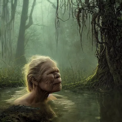 Image similar to rotten stem formed like the face of nick nolte in the swamp, at dusk, misty athmosphere, ultra realistic, concept art, intricate details, eerie, highly detailed, photorealistic, octane render, 8 k, unreal engine. art by ed binkley and ellen jewett and artgerm and greg rutkowski and alphonse mucha