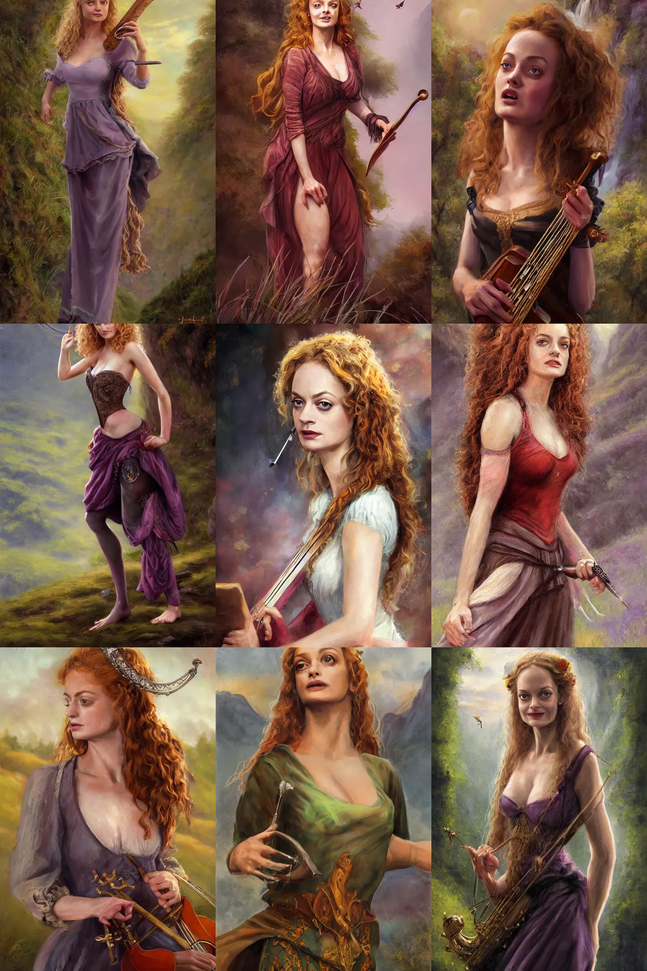 Prompt: a full body high detail fantasy portrait oil painting illustration of young heather graham as a beautiful sophisticated singing bard woman by justin sweet with face and body clearly visible, in a scenic background, pupils visible, realistic proportions, d & d, rpg, forgotten realms, artstation trending, high quality, sombre mood, artstation trending, muted colours, entire person visible!