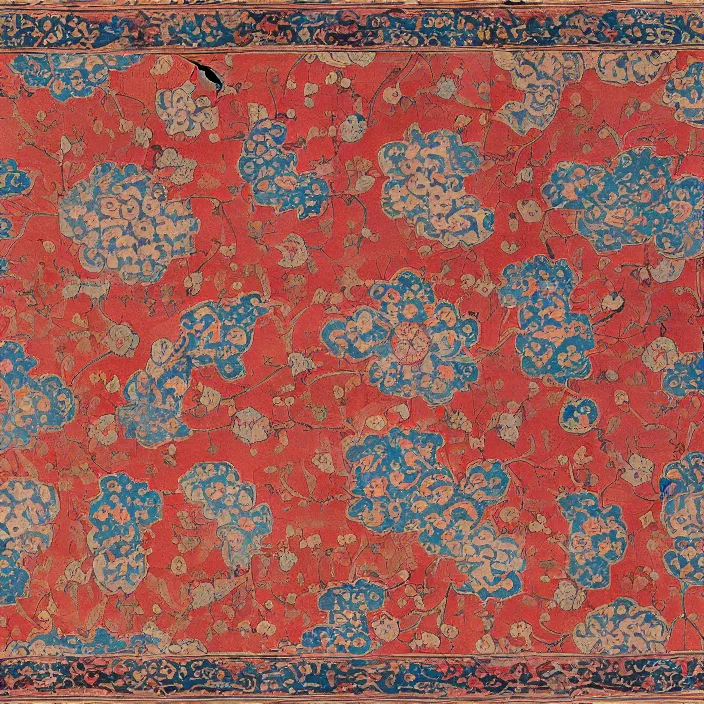 Prompt: A Persian carpet with Japanese ukiyo-e patterns and soft colors laid flat.