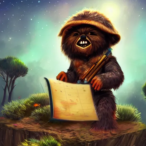 Prompt: adventurous ewok studying a star chart with a telescope next to it, digital art, artstation, colorful