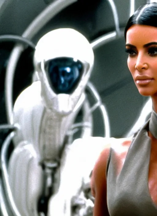 Prompt: movie still of kim kardashian wearing alien facehugger mask, in the movie alien. cinematic full shot.