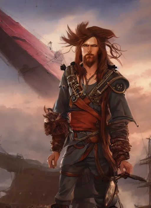 Prompt: an epic fantasy comic book style portrait painting of a long haired, red headed male sky - pirate in front of an airship, krenz cushart, unreal 5, daz, hyperrealistic, octane render, cosplay, rpg portrait, dynamic lighting