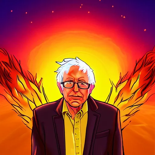 Image similar to portrait of Bernie Sanders with glowing golden aura flying over a desert field, super saiyan 3, yellow spiky hair, digital art