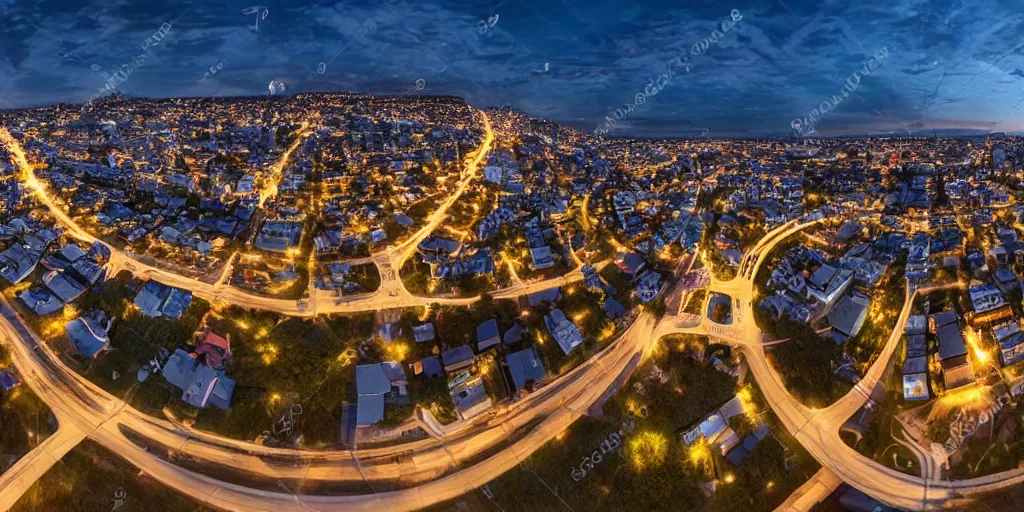 Prompt: Night view of suburb streets and residential apartment buildings in the distance. 3d spherical panorama with 360 viewing angle ready for virtual reality or vr. full equirectangular projection. low angle eye level view