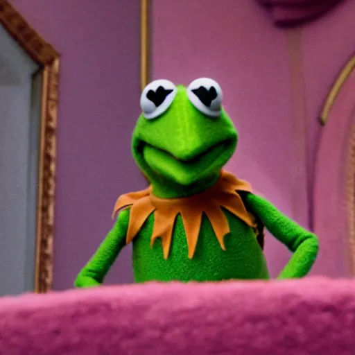 Image similar to kermit the frog, from the grand budapest hotel, kodachrome