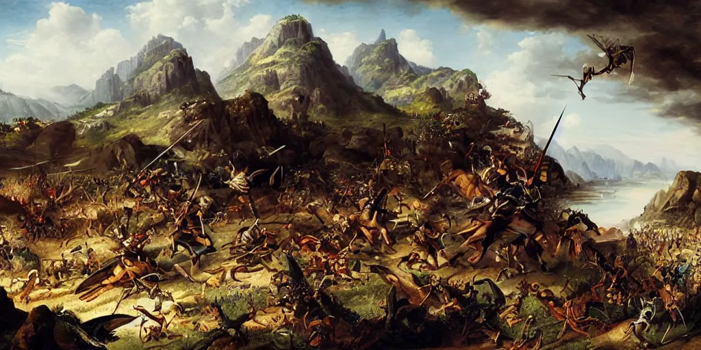 Prompt: an epic battle artwork by eugene von guerard