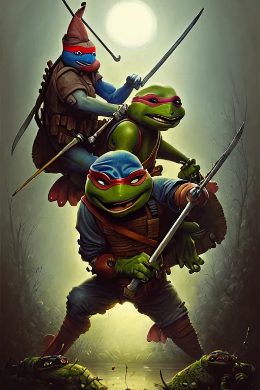 Image similar to hieronymus bosch, greg rutkowski, anna podedworna, painting of teenage mutant ninja turtles casey jones