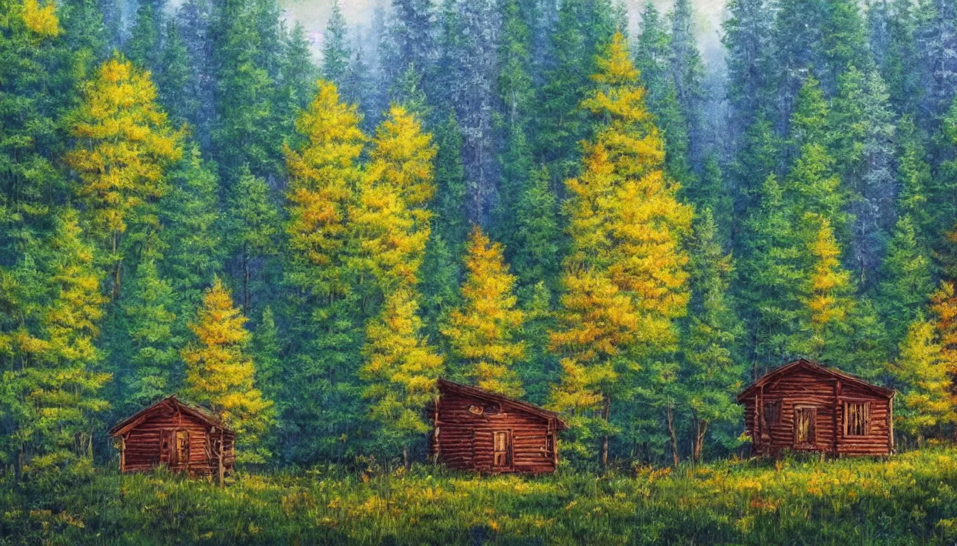 Image similar to a clearing in a forest with a cabin painted by Bob Ross