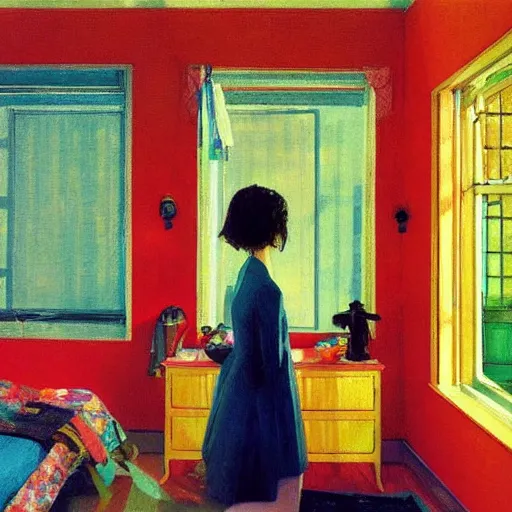 Image similar to a person inside their very colorful home, but the world outside is so dull and colorless, by akihiko yoshida and edward hopper