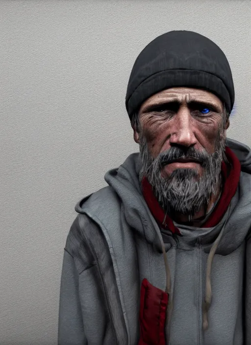 Image similar to portrait of homeless person ; tired and sad ; unreal engine ; wide angle ; photorealistic ; highly detailed