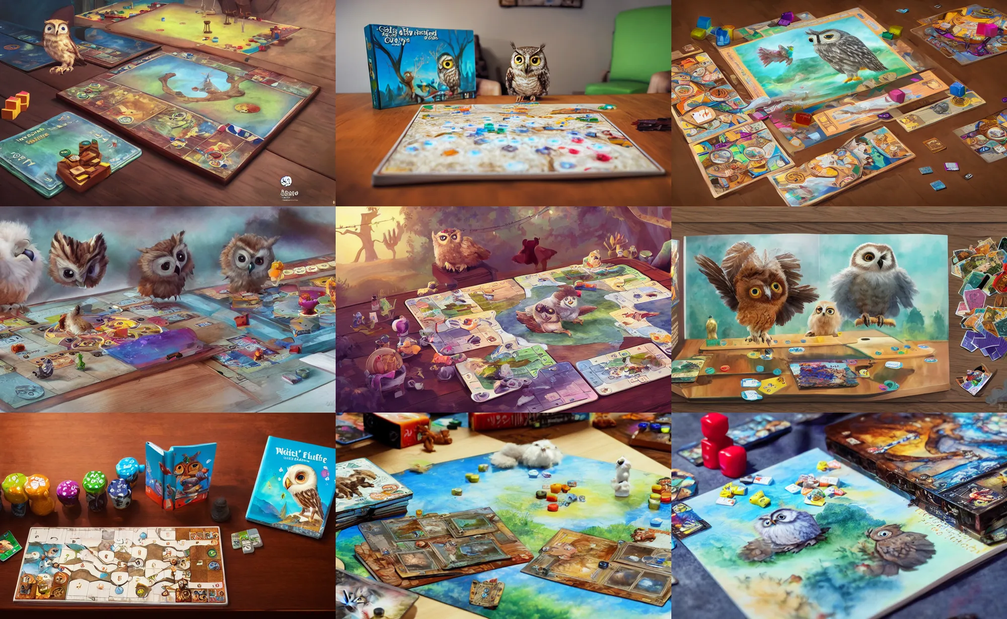 Prompt: board games on a table, with a cute fluffy baby owl, children's book, water color, artstation, concept art, matte, sharp focus, illustration, art by Ivan Gantschev