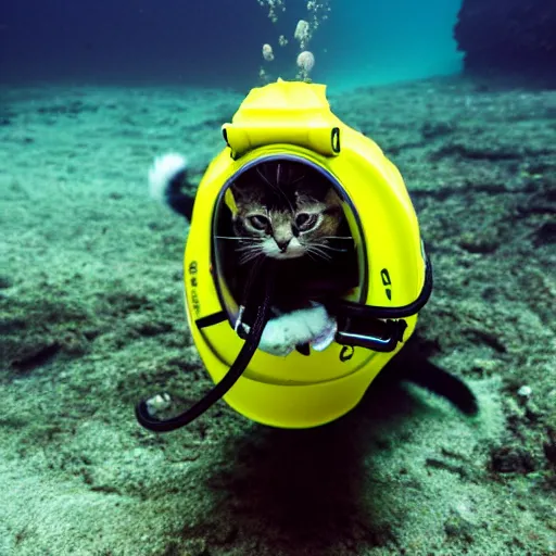 Image similar to photograph of cat wearing diving gear swimming in a vat of acid