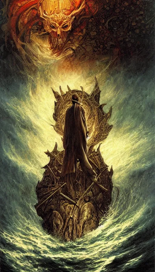 Prompt: man on boat crossing a body of water in hell with creatures in the water, sea of souls, by karol bak