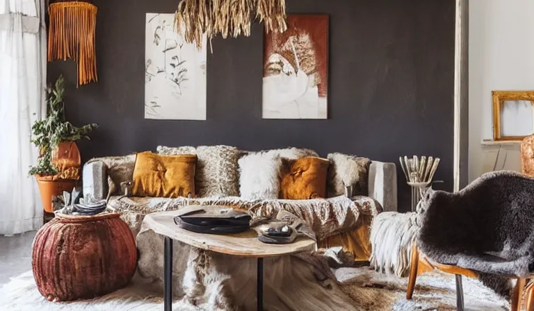 Prompt: sunrise 3 5 mm warm photo of a tastefully decorated bohemian living room with dark luxurious furnishings, and a mix of antique and modern furniture, and a mix of concrete and raw wood finishes, soft lighting