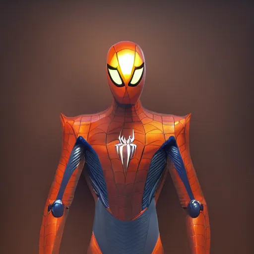 Prompt: concept render of an orange robot spiderman by cedric peyravernay and leon tukker