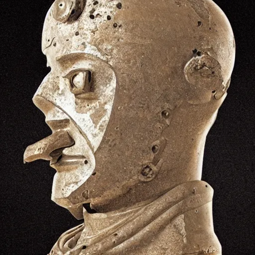 Image similar to an extremely ancient ironman bust that is tarnished and covered in sediment from uncovered earth expedition, rare photograph, smithsonian,