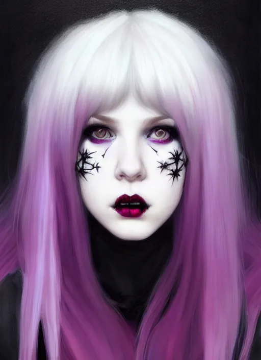 Image similar to portrait of white teenage girl, normal face, black bangs, mall goth, cyberlox, black and white hair, bangs, fluffy bangs, red contact lenses, purple lipstick, intricate, elegant, highly detailed, digital painting, artstation, concept art, sharp focus, smooth, illustration, art by wlop, mars ravelo and greg rutkowski