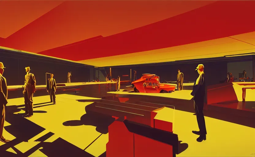 Image similar to syd mead, big room in center pedestal with ak 4 7 and men's in suit's around, soft light, red + yellow colours, golden facture, high quality details, two point perspective, denoise deep depth of field