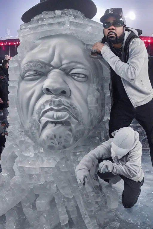 Image similar to dramatic photo, the rapper'ice cube'carving a full body ice sculpture of rapper'ice cube'at harbin ice festival, wide angle photo, award winning, artgerm, wlop, james gurney, trending on artstation