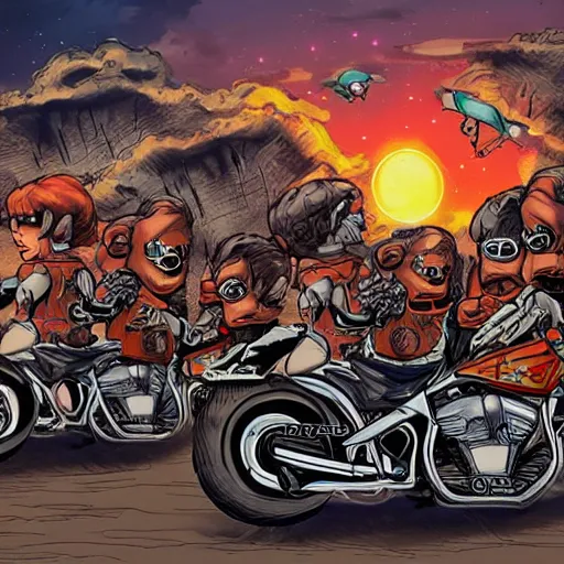 Prompt: motorcycle gang outside of bar night sky stars cartoon style drawn by jack kirby artstation 4 k 8 k graphic novel concept art matte painting