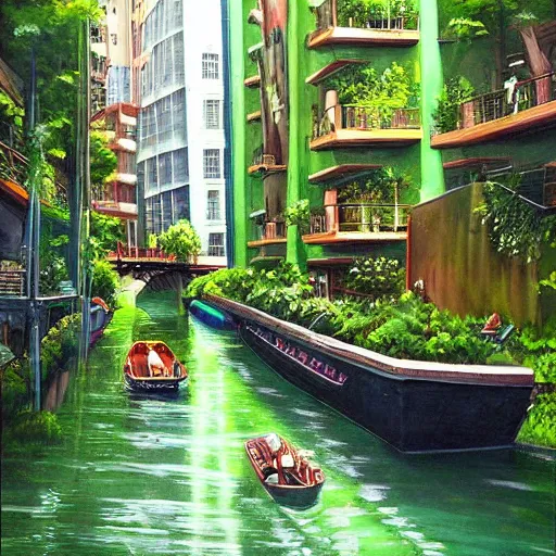 Prompt: Narrow cosy waterway in beautiful green futuristic sci-fi city in harmony with nature. Nice colour scheme, soft warm colour. Beautiful detailed painting by Lurid. (2022)