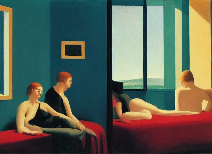 Prompt: two people in a hotel room in afternoon light, open ceiling, oil painting by edward hopper and rene magritte