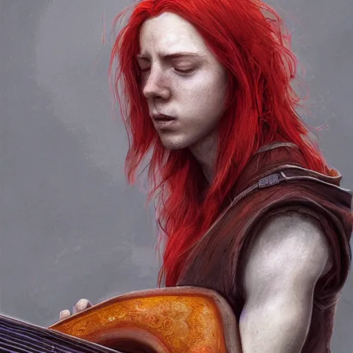 Image similar to red hair boy playing a lute in an inm, dramatic, intricate, elegant, highly detailed, digital painting, artstation, concept art, smooth, sharp focus, illustration, octane render, art by Leesha Hannigan, Ross Tran, Thierry Doizon, Kai Carpenter, Ignacio Fernández Ríos