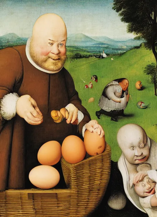 Image similar to carton of eggs with silly round humpty dumpty jack black facial expressions, realistic, by hieronymus bosch and pieter brueghel