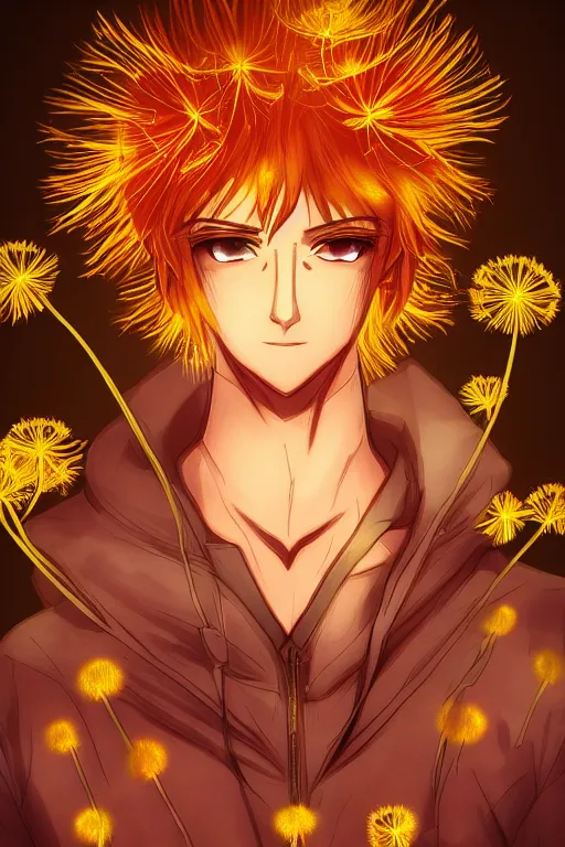 Image similar to amber glowing luminescent dandelion male anime character, symmetrical, highly detailed, digital art, sharp focus, trending on art station, amber eyes, autumnal colours