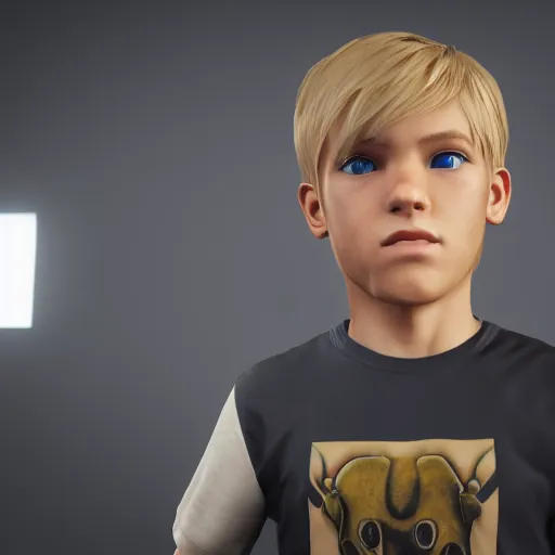 Image similar to a detailed full body image of boy with blonde hair and blue eyes wearing a black tshirt, unreal engine 5 rendered, incredibly highly detailed and realistic, 8 k, sharp focus, studio quality