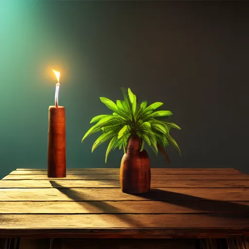 Image similar to a large vase with palms on top of a antique wooden table, vegetables on table and candle, medieval concept art, cinematic lightning and colors, vray tracing, rendered in unreal engine, dark lightning, contrast shadows, super detailed, 8 k