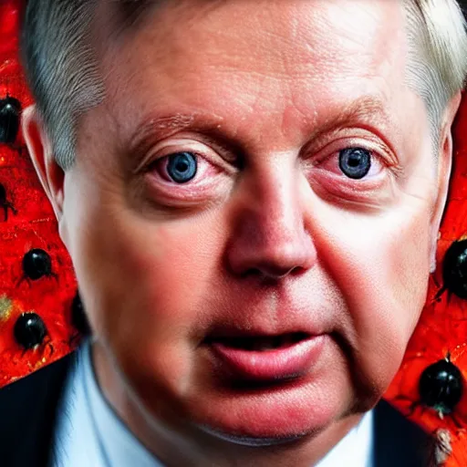 Image similar to one singular portrait of lindsey graham with ladybugs for eyes. highly detailed, digital painting, cinematics, hyper realistic. dark retrowave. by stanley lau, villeneuve, barloe