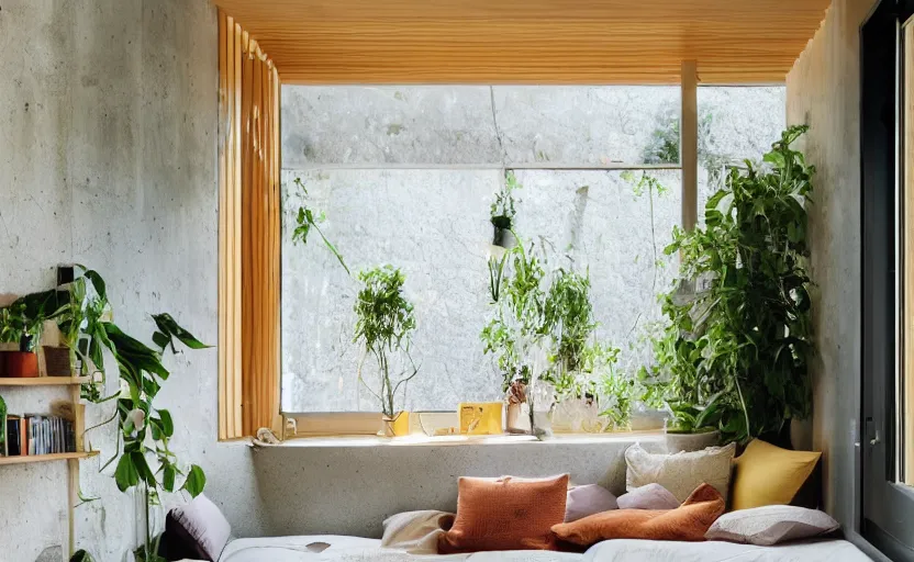 Image similar to interior desing magazine photo of a big window with a wooden frame to sit on, some sandy yellow pillows, there are some books on a small integrated shelf, hanging plants, great architecture, ambient light, 8k