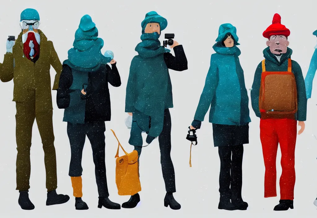 Prompt: full body portrait of a trio of european tourists cold climate travel apparel, with nikon cameras, various poses shooting photos, character designs painting, in the style of wes anderson, rene magritte, lola dupre, david hockney, isolated on white background, dark monochrome neon spraypaint accents volumetric octane render